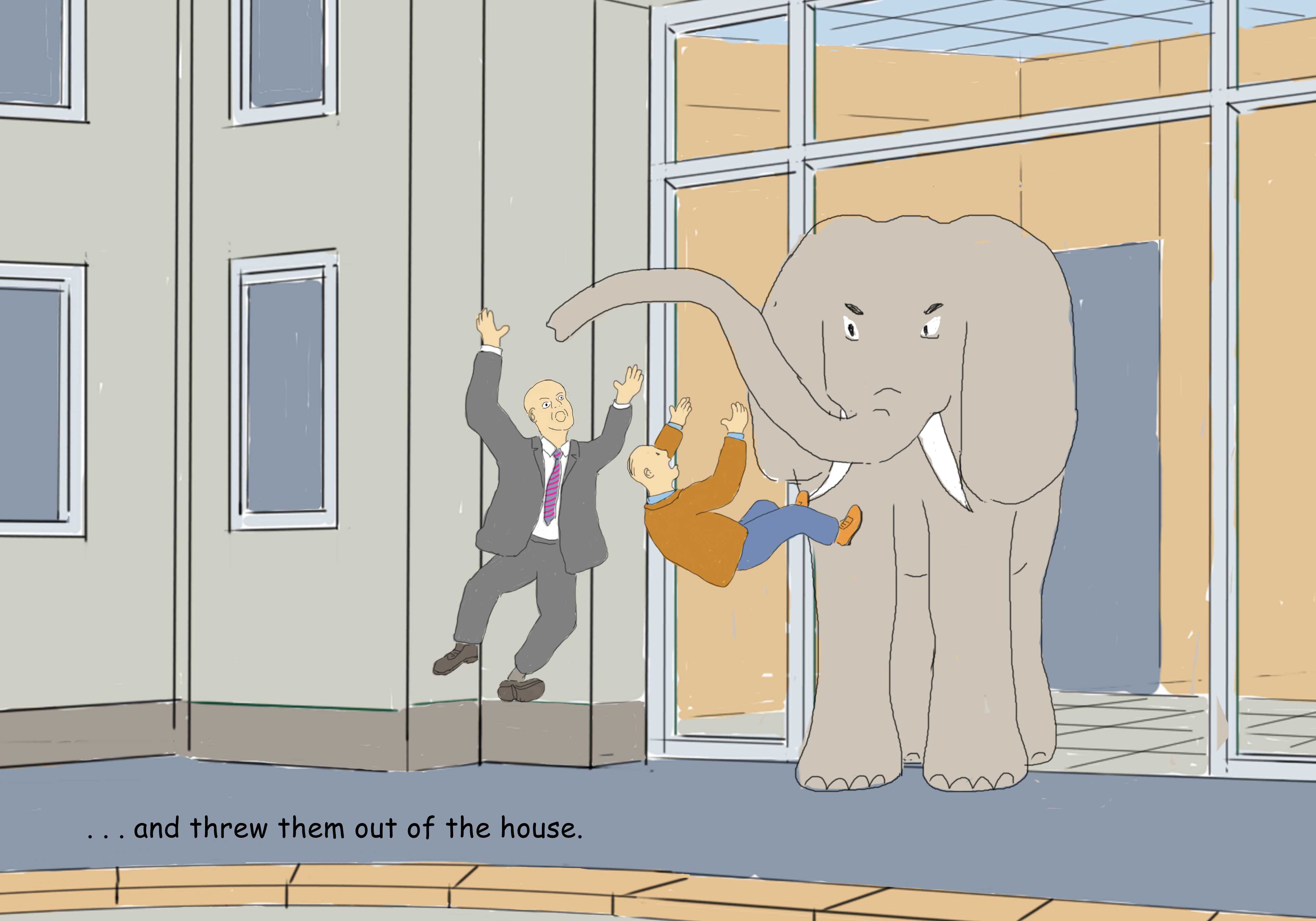 elephant throws the debaters out of the house